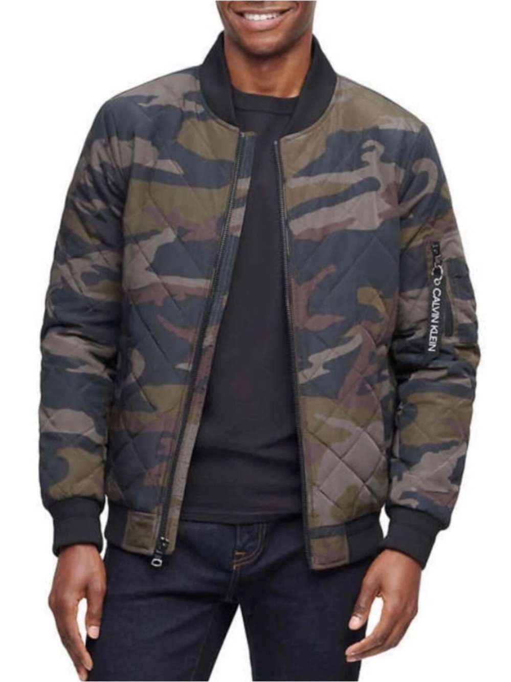 Calvin Klein Men's M Olive Black Camo Quilted Zip Up Pockets Bomber Jacket Coat